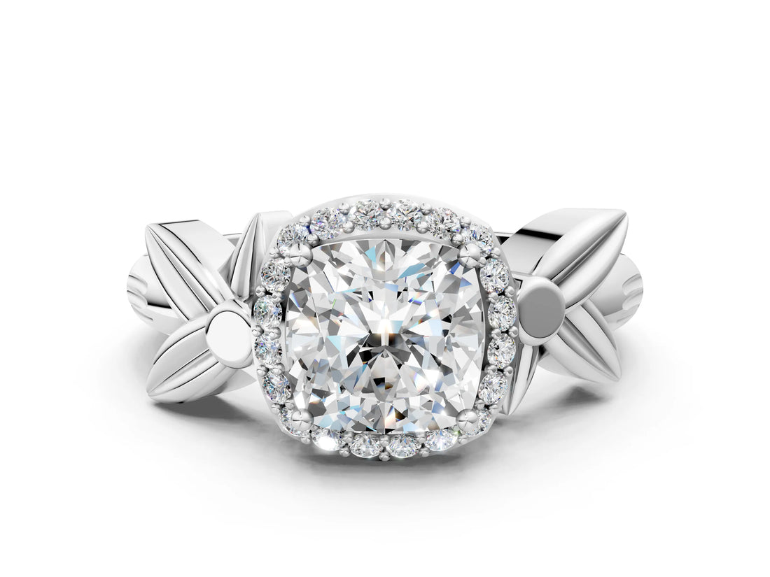 White gold Cushion Halo Diamond Floral Band with Four-Prong Setting_113