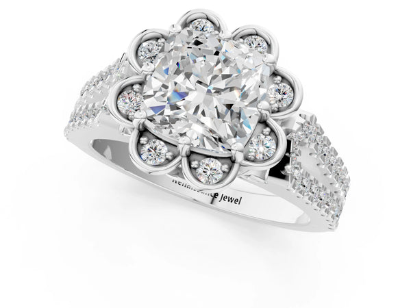 White gold Cushion Halo Diamond Floral Split Shank Engagement Ring