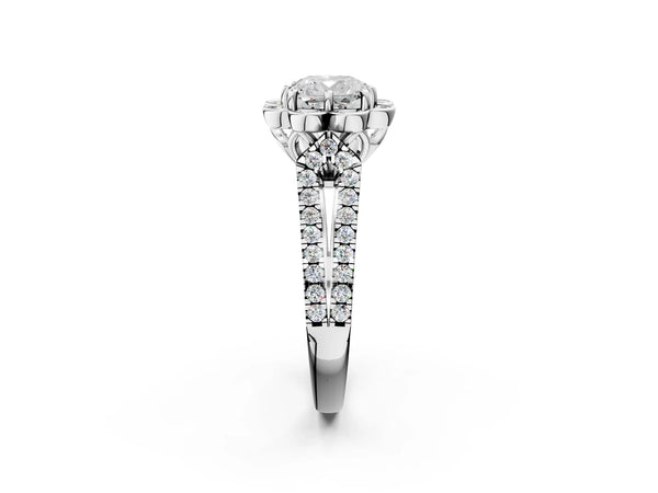 White gold Cushion Halo Diamond Floral Split Shank Engagement Ring