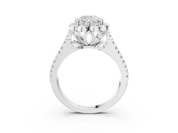 White gold Cushion Halo Diamond Floral Split Shank Engagement Ring