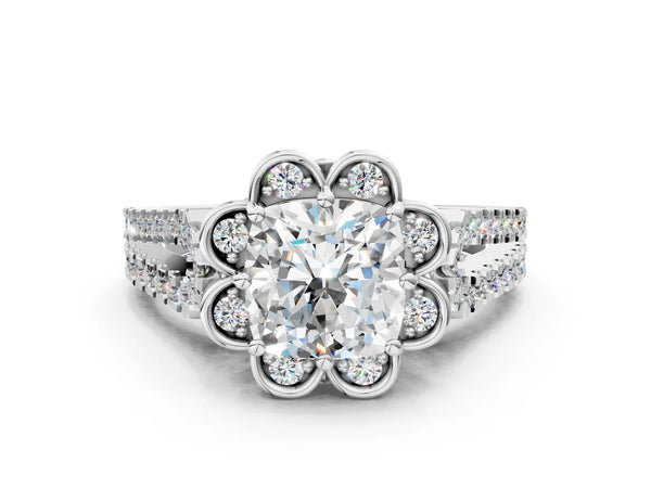 White gold Cushion Halo Diamond Floral Split Shank Engagement Ring