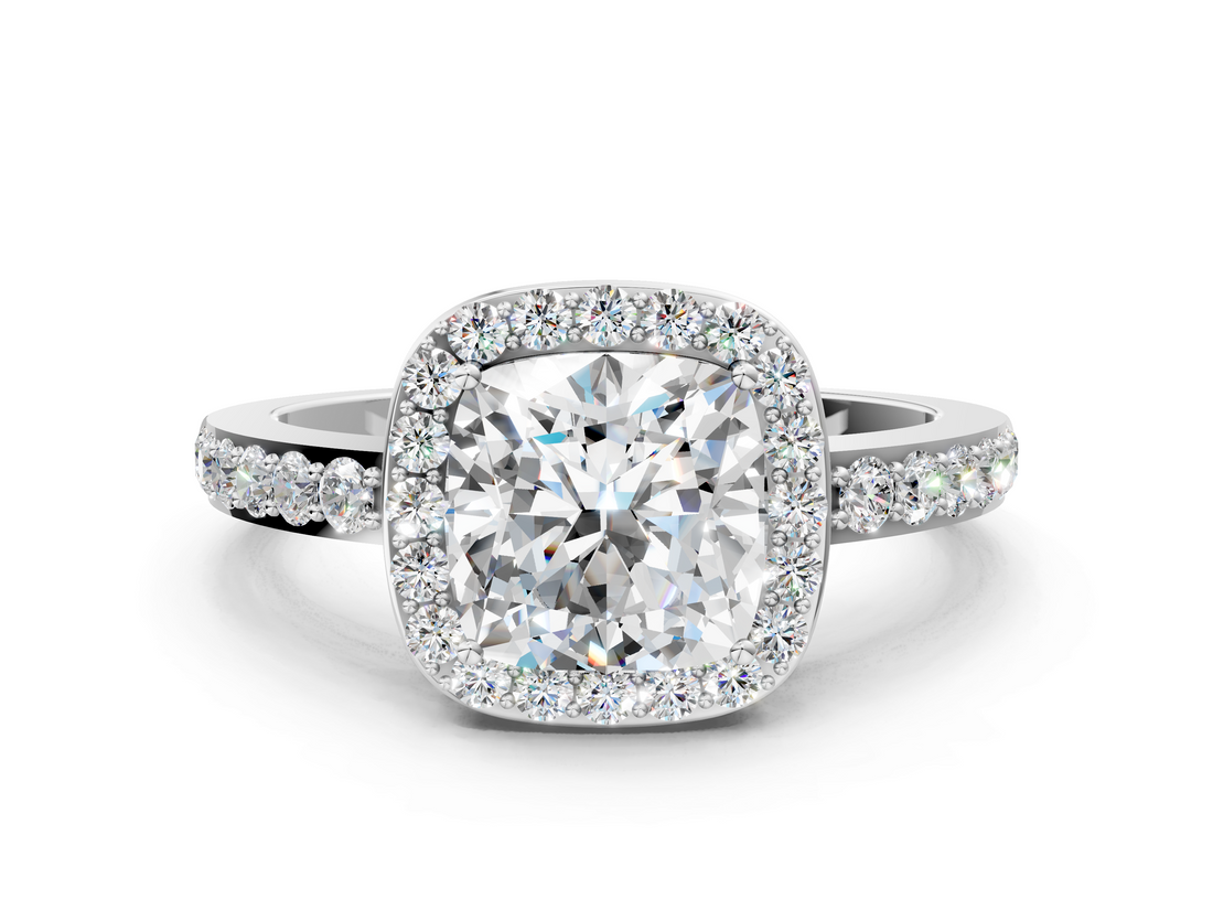 White gold Cushion Halo Diamond Pavé Band Ring with Prong Setting_20