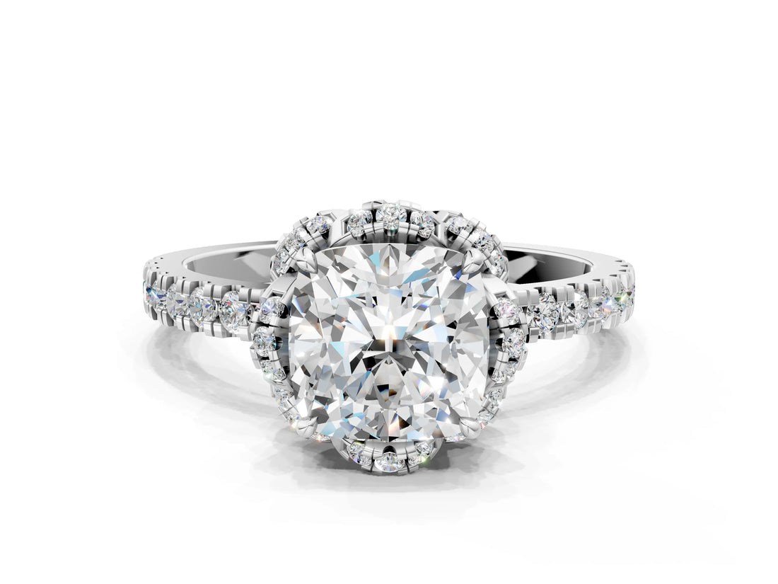 White gold Cushion Halo Diamond Pave Band Ring with Four-Prong Setting_15