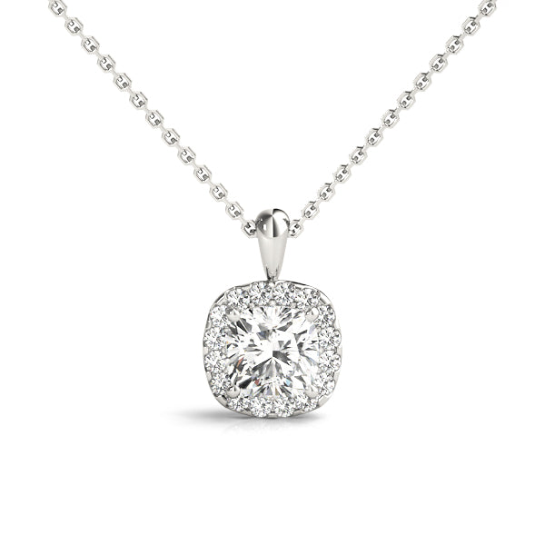 White gold Cushion Halo Diamond Pendant with Four-Prong Setting