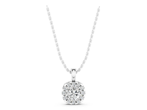 White gold Cushion Halo Diamond Pendant with Four-Prong Setting
