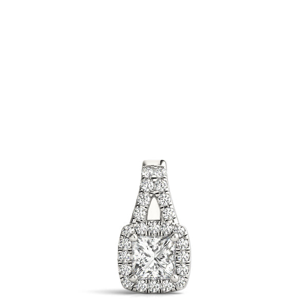 Silver Cushion Halo Diamond Pendant with Princess Cut Stone and Four-Prong Setting