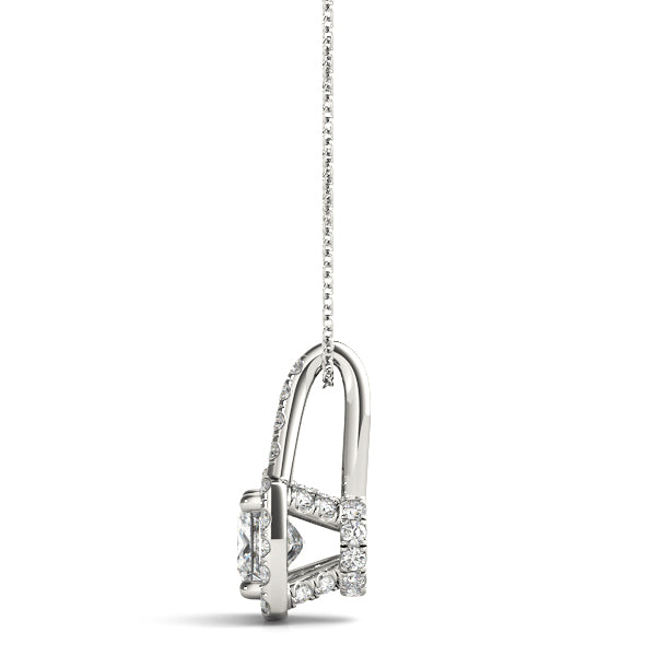 Silver Cushion Halo Diamond Pendant with Princess Cut Stone and Four-Prong Setting