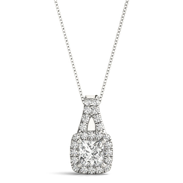 Silver Cushion Halo Diamond Pendant with Princess Cut Stone and Four-Prong Setting