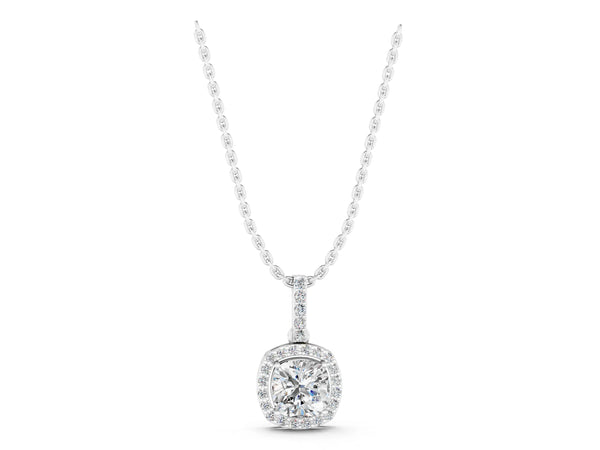 Silver Cushion Halo Diamond Pendant with Prong Setting