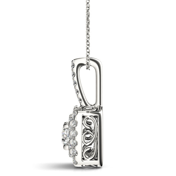 Silver Cushion Halo Diamond Pendant with Round Brilliant Stone and Four-Prong Setting