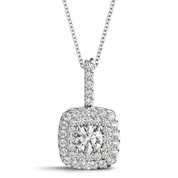 Silver Cushion Halo Diamond Pendant with Round Brilliant Stone and Four-Prong Setting