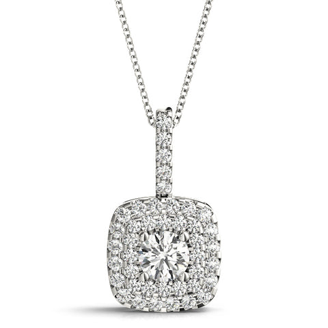 White gold Cushion Halo Diamond Pendant with Round Brilliant Stone and Four-Prong Setting