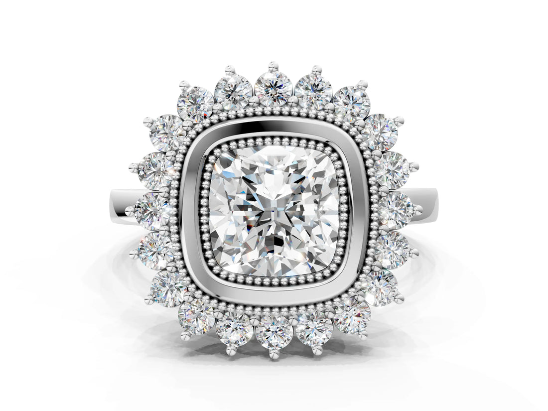 White gold Cushion Halo Diamond Ring with Milgrain Edge and Round Prong Setting_26