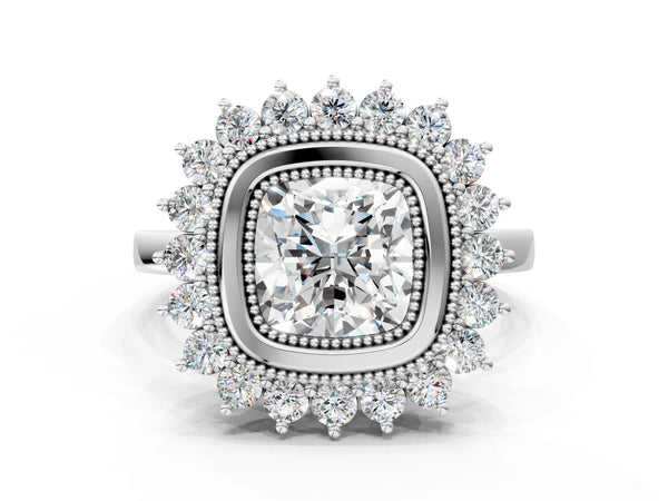 White gold Cushion Halo Diamond Ring with Milgrain Edge and Round Prong Setting