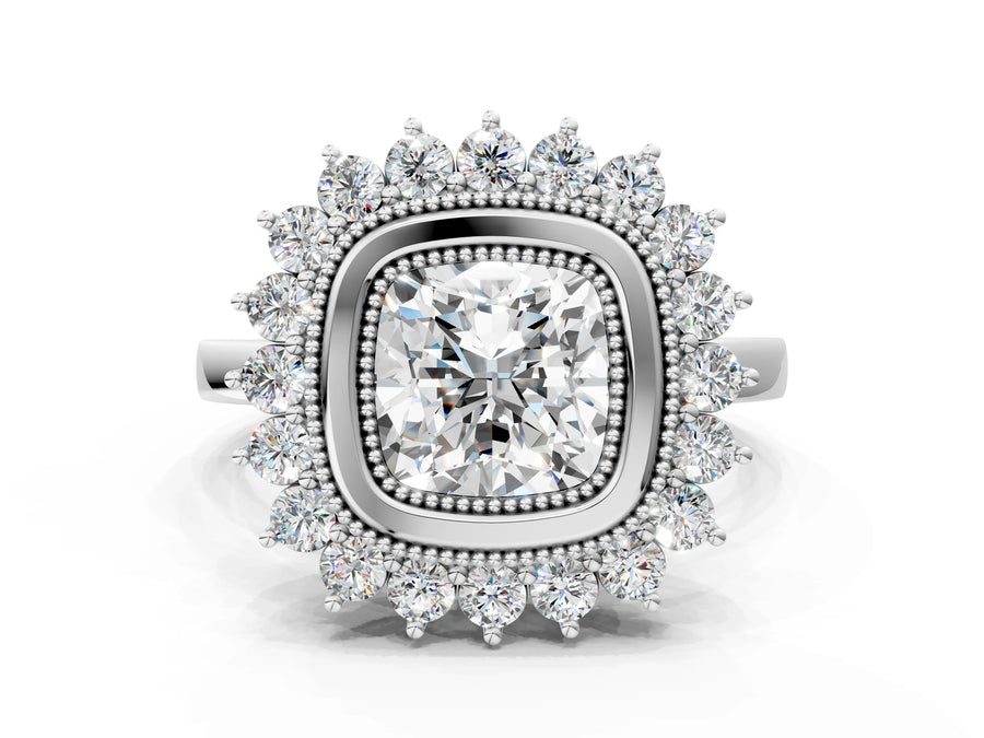 White gold Cushion Halo Diamond Ring with Milgrain Edge and Round Prong Setting