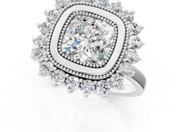 White gold Cushion Halo Diamond Ring with Milgrain Edge and Round Prong Setting