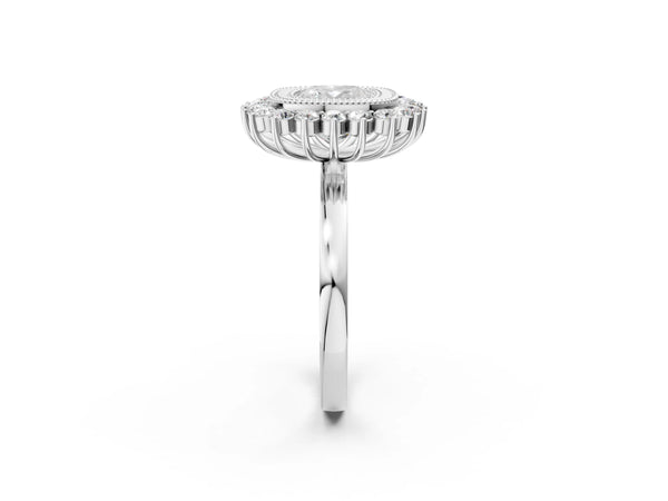 White gold Cushion Halo Diamond Ring with Milgrain Edge and Round Prong Setting