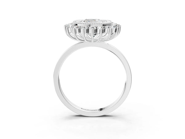 White gold Cushion Halo Diamond Ring with Milgrain Edge and Round Prong Setting