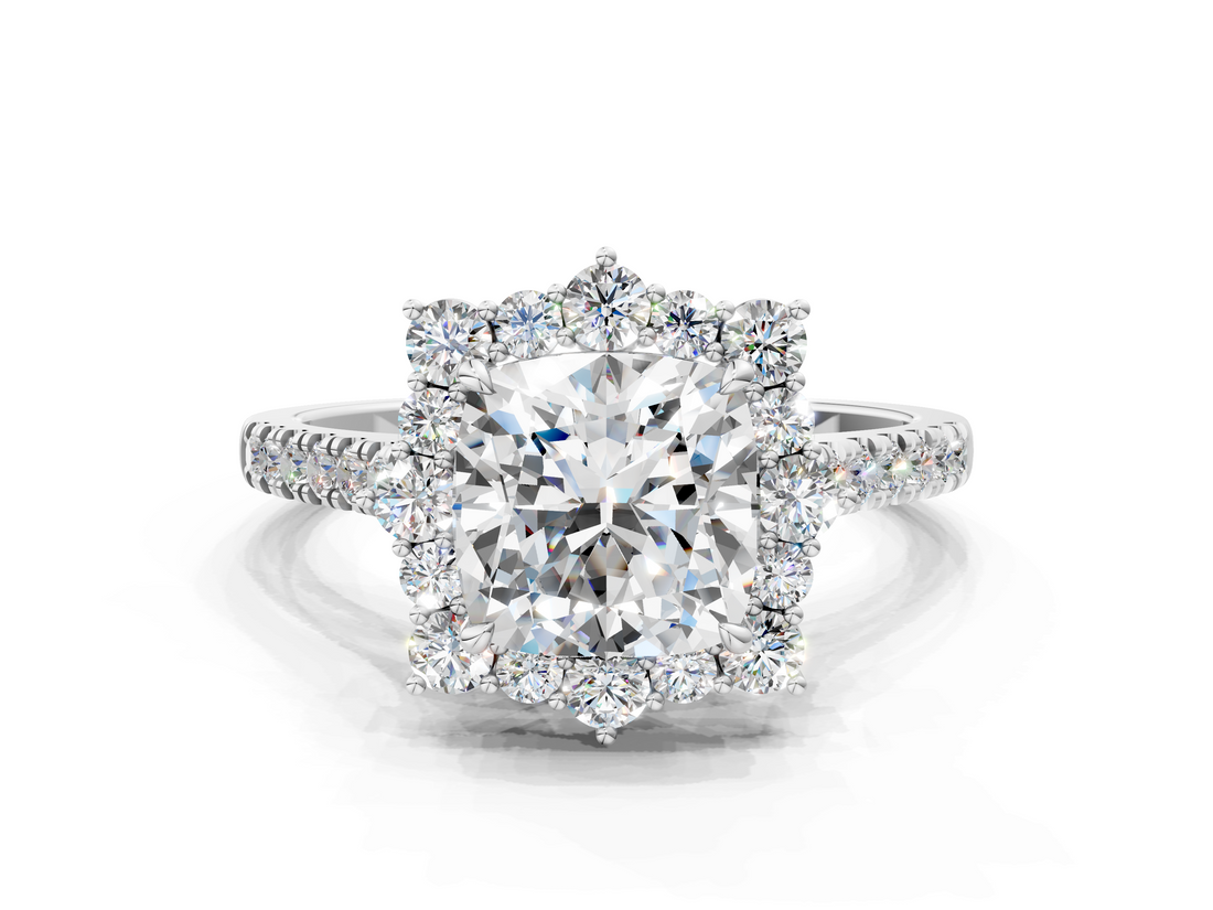 White gold Cushion Halo Diamond Ring with Pavé Band and Prong Setting_41