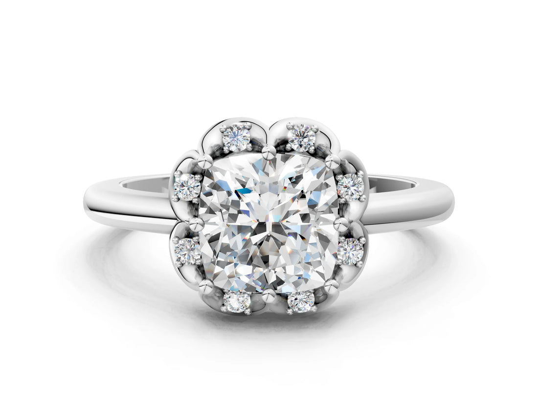 White gold Cushion Halo Diamond Ring with Round Cluster Setting, Solitaire Band, and Four-Prong Setting_84