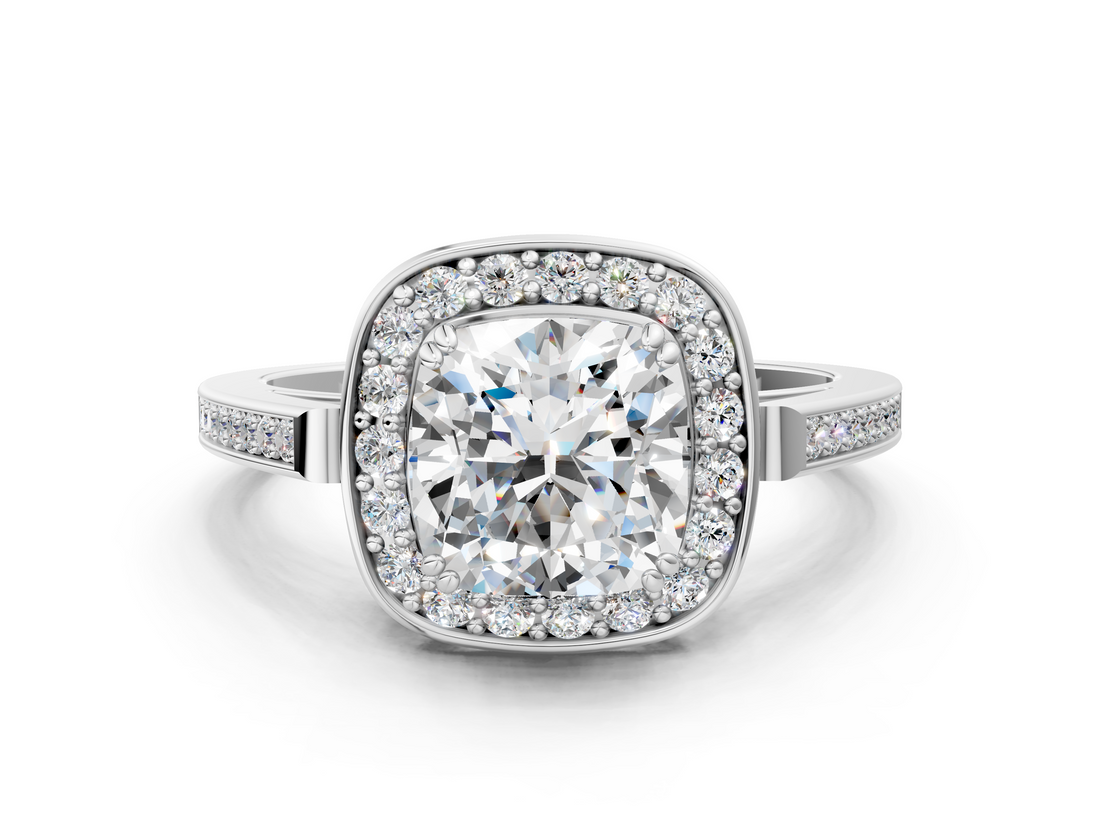 10K White Gold 2.55 Carat E VS1 Cushion Diamond Halo Ring with Split Shank and Four-Prong Setting