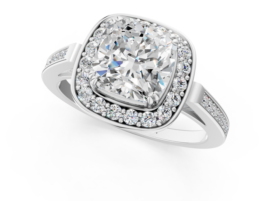 White gold Cushion Halo Diamond Ring with Split Shank and Four-Prong Setting