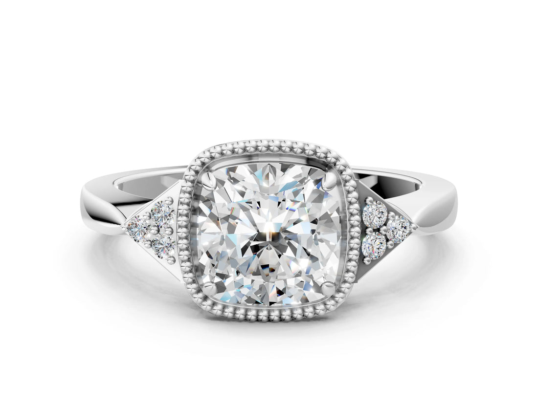 White gold Cushion Halo Diamond Ring with Tapered Band and Four-Prong Setting_15
