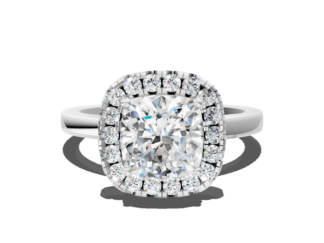 White gold Cushion Halo Diamond Solitaire with Pavé Band and Four-Prong Setting_107