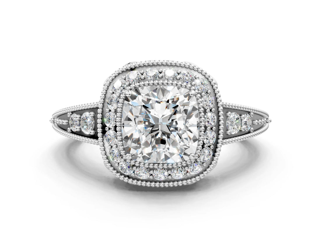 White gold Cushion Halo Diamond Split Shank Ring with Milgrain Detail_49