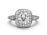 White gold Cushion Halo Diamond Split Shank Ring with Milgrain Detail_49