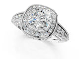White gold Cushion Halo Diamond Split Shank Ring with Milgrain Detail_50