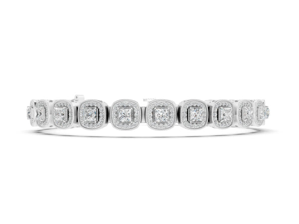 Silver Cushion Halo Diamond Tennis Bracelet with Channel Band and Bezel Setting