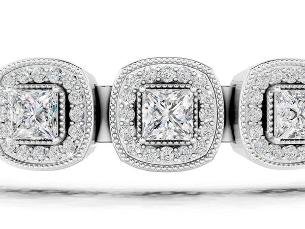 Silver Cushion Halo Diamond Tennis Bracelet with Channel Band and Bezel Setting