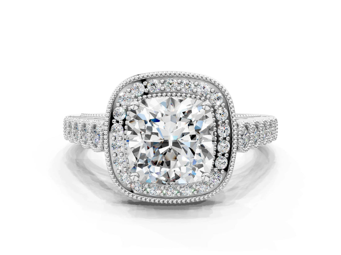 White gold Cushion Halo Milgrain Solitaire with Bezel Set Side Stones and Pave Band_32
