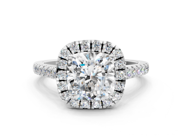 White gold Cushion Halo Pavé Diamond Engagement Ring with Four-Prong Setting