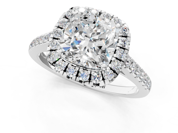 White gold Cushion Halo Pavé Diamond Engagement Ring with Four-Prong Setting