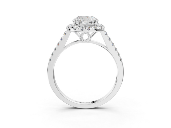 White gold Cushion Halo Pavé Diamond Engagement Ring with Four-Prong Setting