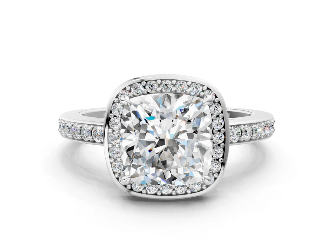 White gold Cushion Halo Pave Band Solitaire Ring with Prong Setting_66