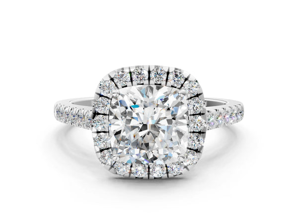 White gold Cushion Halo Pave Diamond Engagement Ring with Four-Prong Setting