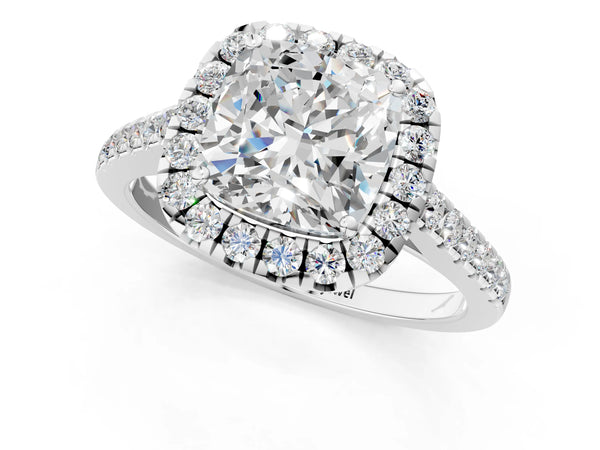 White gold Cushion Halo Pave Diamond Engagement Ring with Four-Prong Setting