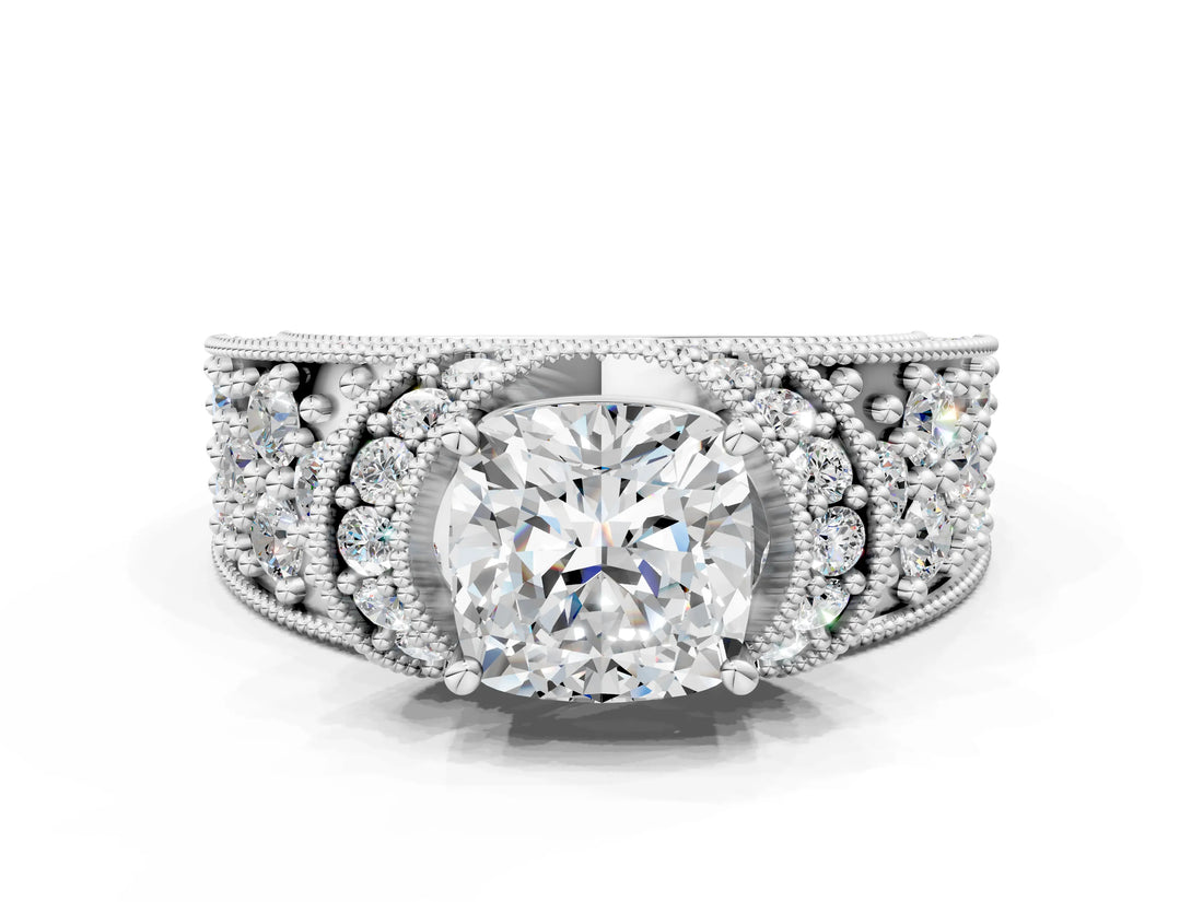 White gold Cushion Halo Pave Diamond Engagement Ring with Milgrain Detailing_48