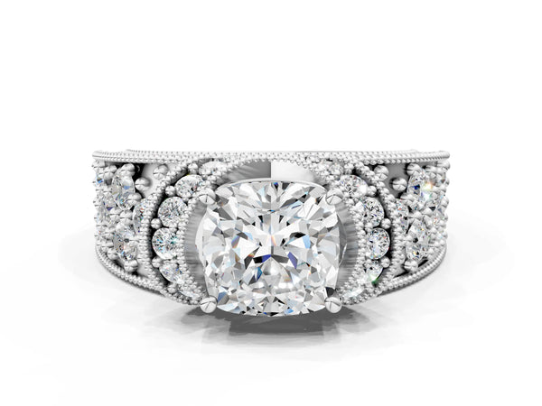 White gold Cushion Halo Pave Diamond Engagement Ring with Milgrain Detailing