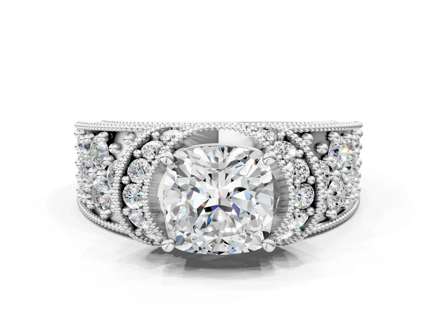 White gold Cushion Halo Pave Diamond Engagement Ring with Milgrain Detailing