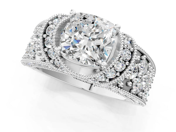 White gold Cushion Halo Pave Diamond Engagement Ring with Milgrain Detailing
