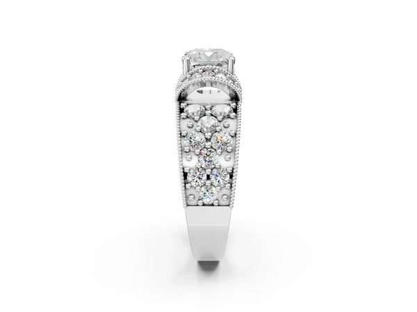 White gold Cushion Halo Pave Diamond Engagement Ring with Milgrain Detailing
