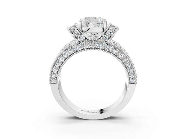 White gold Cushion Halo Pave Diamond Engagement Ring with Milgrain Detailing