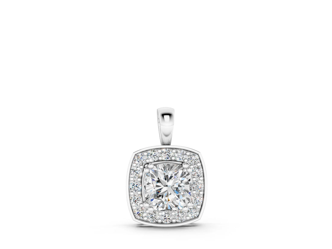 White gold Cushion Halo Pendant with Round Diamond and Four-Prong Setting_2