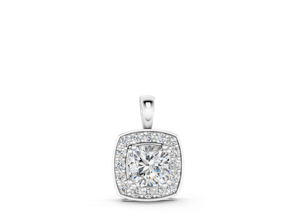 Silver Cushion Halo Pendant with Round Diamond and Four-Prong Setting
