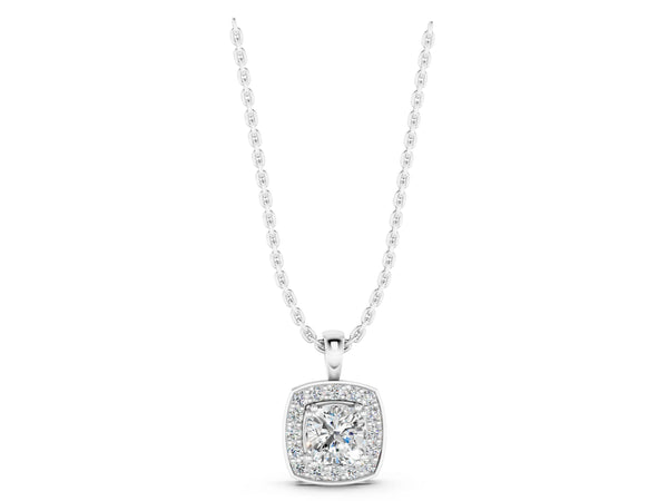 White gold Cushion Halo Pendant with Round Diamond and Four-Prong Setting