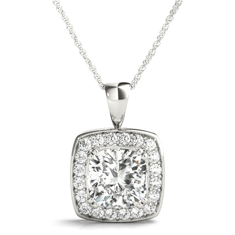 White gold Cushion Halo Pendant with Round Diamond and Four-Prong Setting